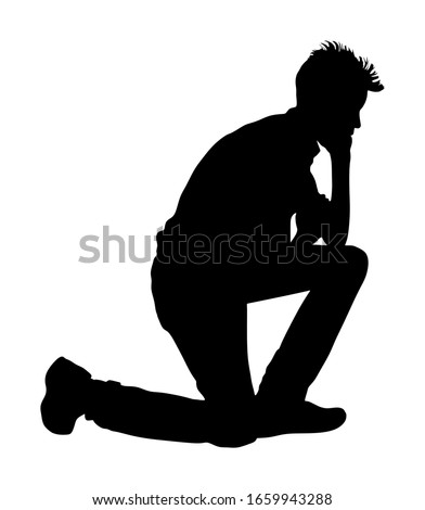 Worried boy on knees thinking vector silhouette illustration isolated on white background. What I did wrong and she leave me. Sad man in love break up with girl. Strong feel scene. Think about woman.