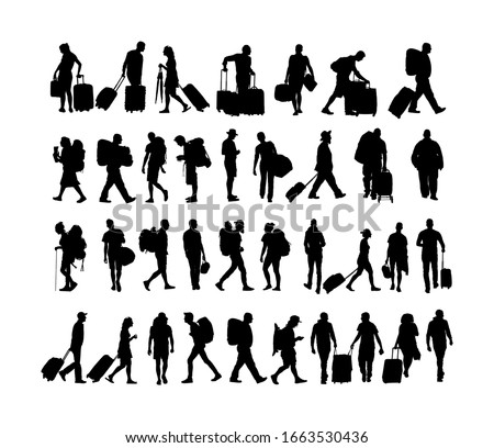 Passengers with luggage walking at airport vector silhouette. Traveler with bags rolling suitcase. Man and woman carry baggage. Family people crowd cargo load, waiting taxi to holiday.
Border refugees