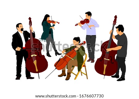 Music band, woman cellist playing cello with contrabass man duet vector. Classic music event artists play string instrument in orchestra. Jazz street performer. Musicians double bass and violin duet