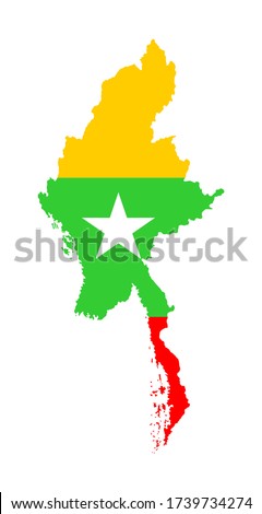 Myanmar vector map and flag over map silhouette isolated on white background. High detailed illustration. Asian country map. Myanmar map.