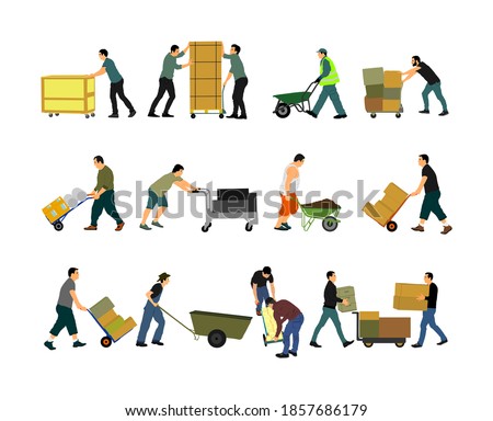 Delivery man carrying boxes of goods vector isolated. Post man with package. Distribution storehouse. Boy holding heavy load moving service. Handy man move action. Hand transportation method by cart