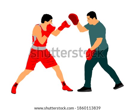 Trainer and boxer vector illustration isolated on white background. Sparring partner martial arts. Direct kick. Clinch, knockout, hook, uppercut. Coach teaches fighter tactical on training in ring. 