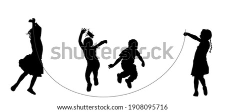 Happy joyful kids, little boys and girls doing exercises, skipping with jump rope vector silhouette isolated on white. Funny game children jumping rope. Smiling child enjoy, daughter and son playing.