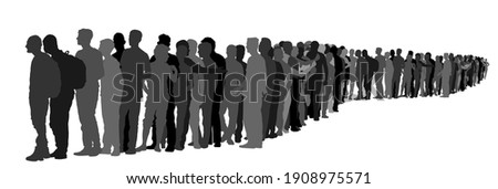 Group of refugees people waiting in line vector silhouette illustration isolated on white. Migration crisis in Europe. War migrants waves going to Europe. Border situation in Ukraine and EU, or Mexico
