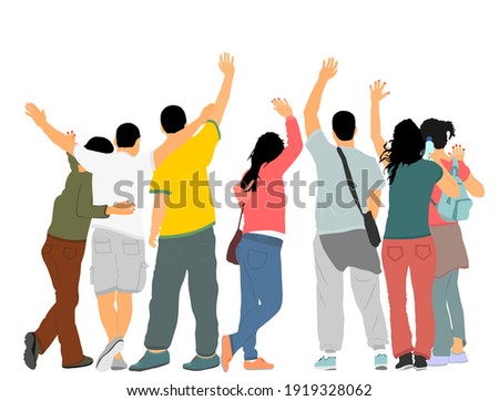 Embracing student friends waving hands vector illustration isolated on white. Happy boys and girls tourists hand wave saying hi. Send off sign people. Young couples in love enjoy in summer travel.