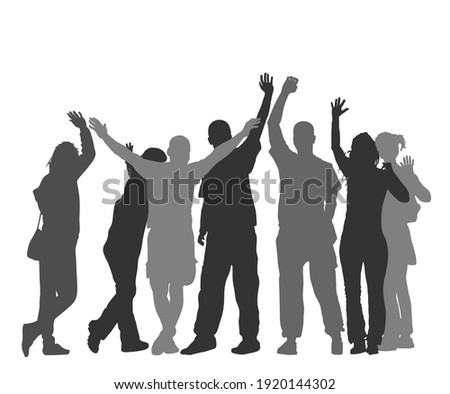 Embracing student friends waving hands vector silhouette illustration isolated. Happy boys and girls tourists hand wave saying hi to host. Send off people. Couples in love enjoy, goodbye family friend