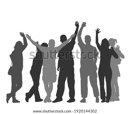 Embracing student friends waving hands vector silhouette isolated on white. Happy boys and girls tourists hand wave saying hi. Send off sign people. Young couples in love enjoy in summer travel.