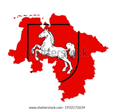 Coat of arms over map of Lower Saxony, German. Vector map of Lower Saxony silhouette illustration isolated on white background. Province in Germany, Niedersachsen. 