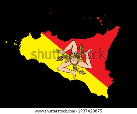 Sicily vector map silhouette illustration isolated on black background. Flag of Sicily vector. Heraldic Sicily, seal, emblem. Original Sicily coat of arms.