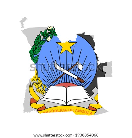 Republic of Angola map vector silhouette illustration with coat of arms, seal or national emblem, isolated on white background. Coat of arms of Angola over map.