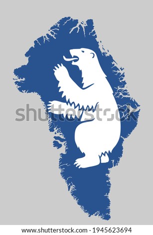 Greenland coat of arms, seal, national emblem, isolated on background. Vector map Greenland silhouette with coat on arms. White polar bear symbol.