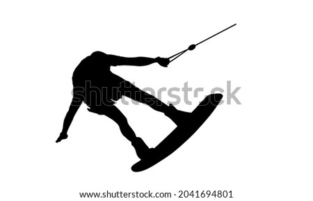 Water skiing vector silhouette illustration isolated on white. Water ski sport. Summer time on beach. Ski acrobat on the sea. Lifeguard water patrol on duty. Kite surfer or parasailing. Kite boarding.