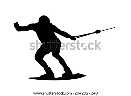 Water skiing vector silhouette illustration isolated on white. Water ski sport. Summer time on beach. Ski acrobat on the sea. Lifeguard water patrol on duty. Kite surfer or parasailing. Kite boarding.