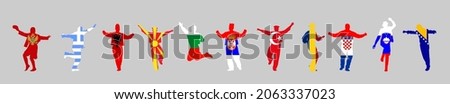 Balkan states flag folklore dancers vector illustration isolated on background: Albania, Bosnia, Bulgaria, Croatia, Greece, Kosovo, North Macedonia, Montenegro, Romania, Slovenia, Serbia, Turkey flag.