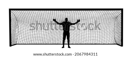 Soccer goalkeeper in front of goal net vector silhouette illustration. Football goal keeper net isolated on white background. Defender sportsman position. Save penalty. Active sport boy. Man on goal