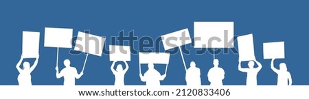 Group of people protesters vector silhouette illustration isolated. Man hand holding sign. Empty banner plate. Blank protest flag. Political agitation campaign. Demonstration social laborers rights