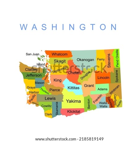 Colorful Washington State vector map silhouette illustration isolated on white background. High detailed illustration. United state of America country. Washington map with separated county borders.