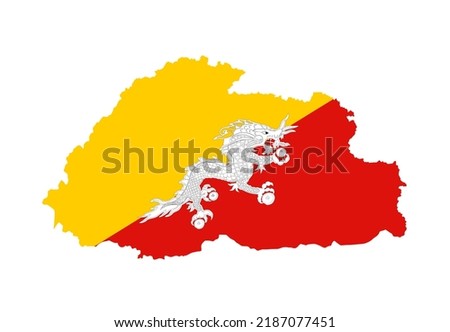 Kingdom of Bhutan map flag vector silhouette illustration isolated on white background. National emblem symbol of country in Asia. Bhutan flag with coat of arms or seal. Bhutan map.