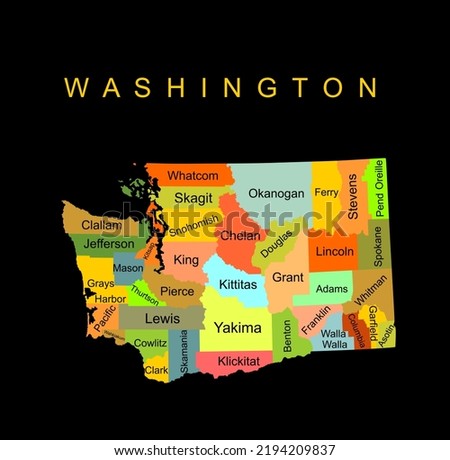 Colorful Washington State vector map silhouette illustration isolated on black background. High detailed illustration. United state of America country. Washington map with separated county borders.