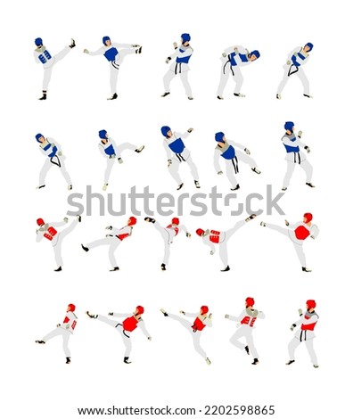 Taekwondo fighter vector  illustration isolated. Sparring on training action. Self defense skills exercising concept. Warriors in the martial arts battle. Sportsman in kimono. Worming up sport skills.