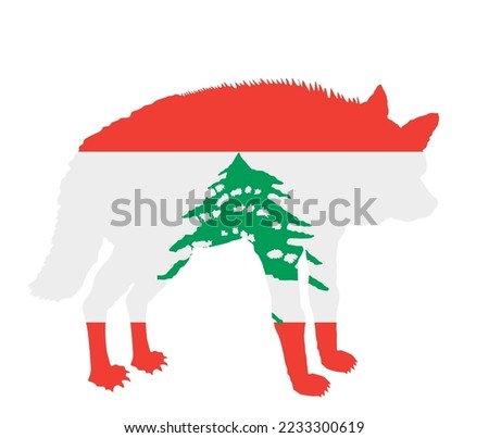 Lebanon flag over striped hyena vector silhouette illustration isolated on white background. Wild animal scary predator. Carnivore powerful beast. Hyena shape shadow symbol. Middle east state Asia.