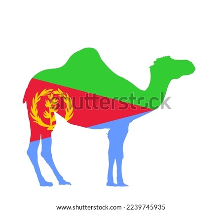 Patriotic Eritrea flag over camel nation animal vector silhouette illustration isolated on white background. Camel shape shadow  symbol of Eritrea. State in Africa continent. Safari tourism invite. 