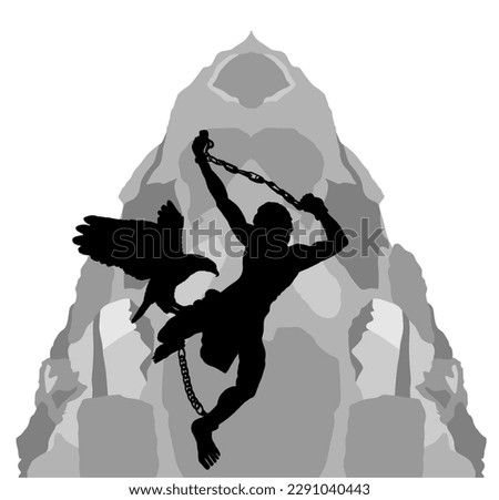 Chained Prometheus on rock vector silhouette illustration isolated on white background. Eagle eats the liver of a captured man on a cliff by the sea. Ancient Greek culture mythology.