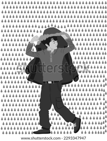 Raining day, boy cover with jacket protect of rain vector illustration. Child with wet clothes and shoes during bad weather. Teenager covered against wind and raining storm. Outdoor walking trouble.