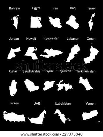 Middle east vector set of states. high detailed silhouette illustration isolated on black background. Middle east countries collection illustration. Asia icon of middle east states.