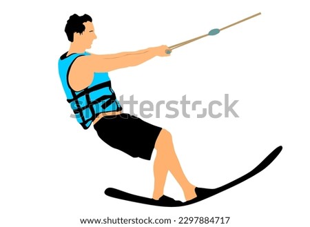 Water skiing vector illustration isolated on white background. Water ski sport. Summer time on beach. Ski acrobat on the sea. Lifeguard water patrol on duty. Kite surfer or parasailing. Kite boarding.