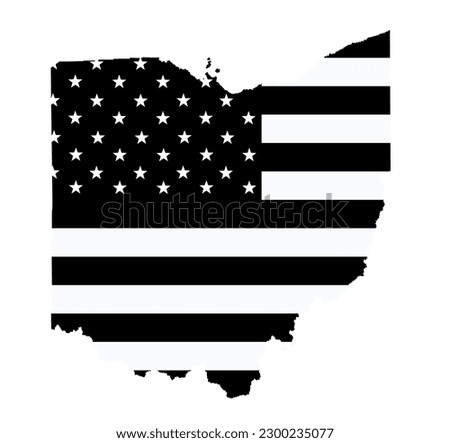 Black edition Ohio map vector silhouette illustration. United States of America flag over Ohio map. USA, American national symbol of pride and patriotism. Vote election campaign banner.