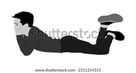 Teen boy in love lying on the ground and thinks about girl vector illustration isolated on white background. Daydream kid after school. Carefree child enjoy in summer day. Lazy boy sleeping and dream.