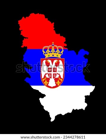 Republic of Serbia map flag vector silhouette illustration isolated on black background. High detailed illustration. Coat of arms of Serbia. Flag of Serbia. National symbol Balkan country Europe state