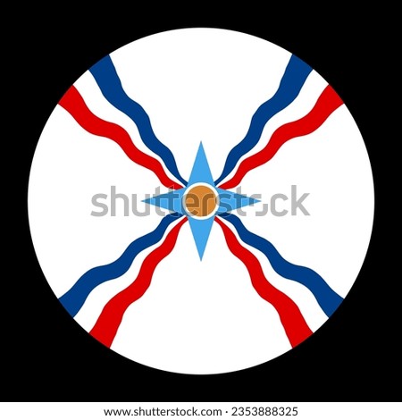 Circle Assyrian people flag vector illustration isolated. Button of Assyrians indigenous ethnic group native to Assyria. Ancient indigenous Mesopotamians of Akkad and Sumer. Modern Iraq territory.