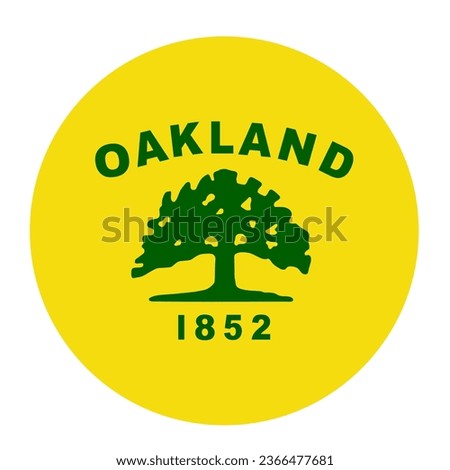 Circle badge City Oakland flag vector illustration isolated on background. Town in California State. USA city symbol. United States of America city emblem. Button Oakland town roundel banner.
