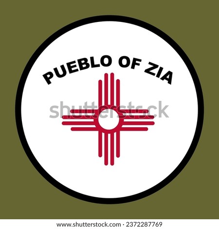 Circle badge Indian flag Zia Pueblo vector illustration isolated on background. Symbol of native people in New Mexico, United State of America. Button Zia Pueblo emblem banner. Reservation in USA. 