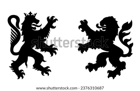 Wild beast lions fight battle vector silhouette illustration isolated. Heraldic lion. Animal symbol coat of arms. City in Europe seal. Shield Burgundy VS Hessen Hesse. France town VS Germany heraldry.