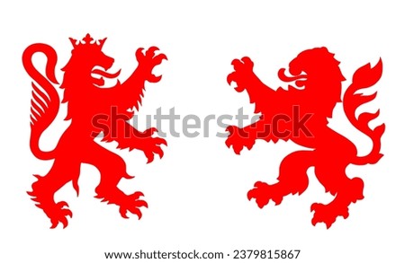 Wild beast lions fight battle vector silhouette illustration isolated. Heraldic lion. Animal symbol coat of arms. City in Europe seal. Shield Burgundy VS Hessen Hesse. France town VS Germany heraldry.