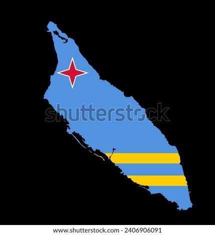 Aruba vector map and flag silhouette illustration isolated on black background. Holland territory in Central America. Caribbean island state. Aruba map. Aruba flag. Netherlands province.