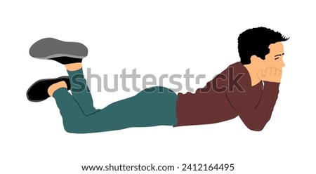 Teen boy in love lying on the ground and thinks about girl vector illustration isolated on white background. Daydream kid after school. Carefree child enjoy in summer day. Lazy boy sleeping and dream.