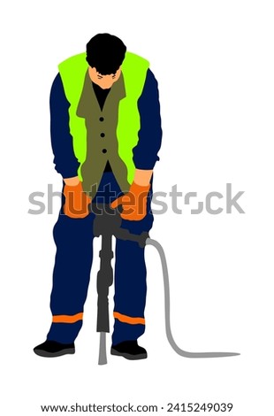 Construction worker electric drill illustration.
Drilling concrete driveway jackhammer ground in construction area. Man repairing road surface on duty machine. mason drilling cement concrete. sidewalk