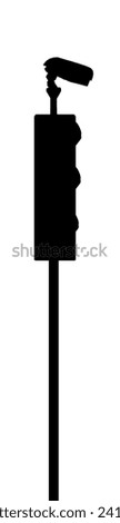 Vertical traffic light silhouette vector illustration isolated on white background. Public surveillance video camera on street road shape. Urban safety protection in transportation jam.