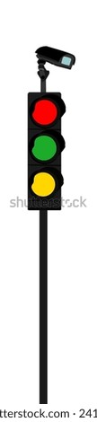 Vertical traffic light vector illustration isolated on white background. Public surveillance video camera on street road. Urban safety protection in transportation jam.