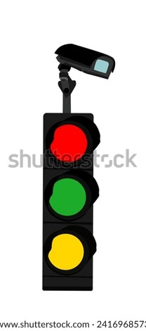 Vertical traffic light vector illustration isolated on white background. Public surveillance video camera on street road. Urban safety protection in transportation jam.