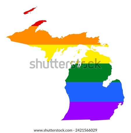 LGBT flag gay Michigan map vector silhouette illustration isolated on white background. United state of America country. Michigan rainbow flag. Lesbian and bisexual rights. Homosexual pride.