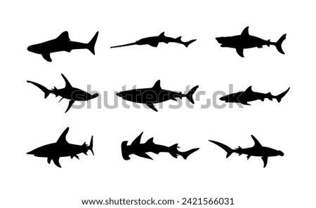 Collection of shark set vector silhouette illustration isolated. Great white, bull shark shape, hammerhead shadow, reef shark, whale shark, saw fish. Predator fish in sea and ocean.