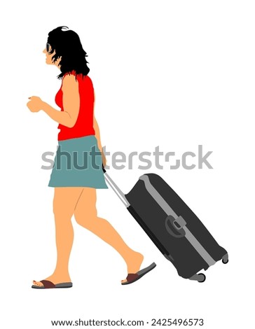 Passenger woman with rolling suitcase baggage vector illustration. Traveler girl carry bag luggage walking to airport go home. Tourist lady in summer clothes with cargo load waiting taxi to holiday.