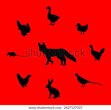 Cunning hungry fox lurks prey vector silhouette illustration isolated. Smart animal predator. Fox hunting hen chicken goose, turkey. Farm chantry poultry in danger. Rabbit, rats, pheasant, wood goose.