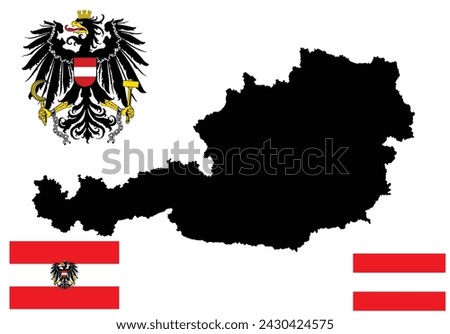 Austria map flag, coat of arms vector silhouette illustration isolated on white. Burgenland, Carinthia, Lower, Upper Austria, Salzburg, Styria, Tyrol, Vienna, Voralberg. Emblem, banner national symbol