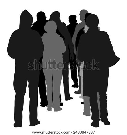 Group of people waiting in line vector silhouette illustration isolated on white. Back view. Black Friday situation in front of market before opening. Border big crowd work stoppage, collapse traffic.